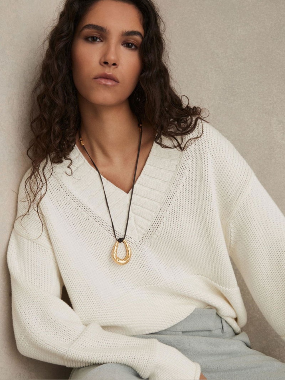 REISS Jenny Cotton V-Neck Knit Jumper White Sweater XS